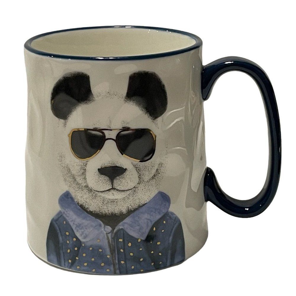 Signature Hipster Panda Bear Glasses Ceramic Coffee Mug Tea Cup Blue Rim 14oz